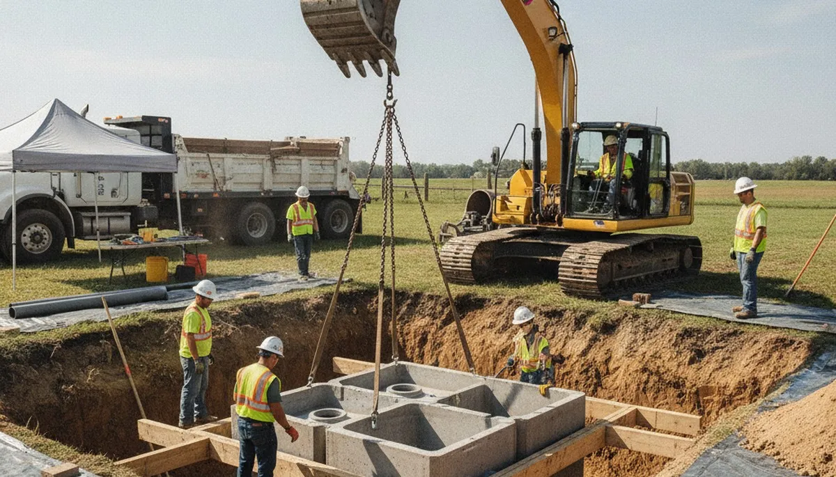 Septic tank installation crew working on a Fort Collins, CO home for On Call Plumbers